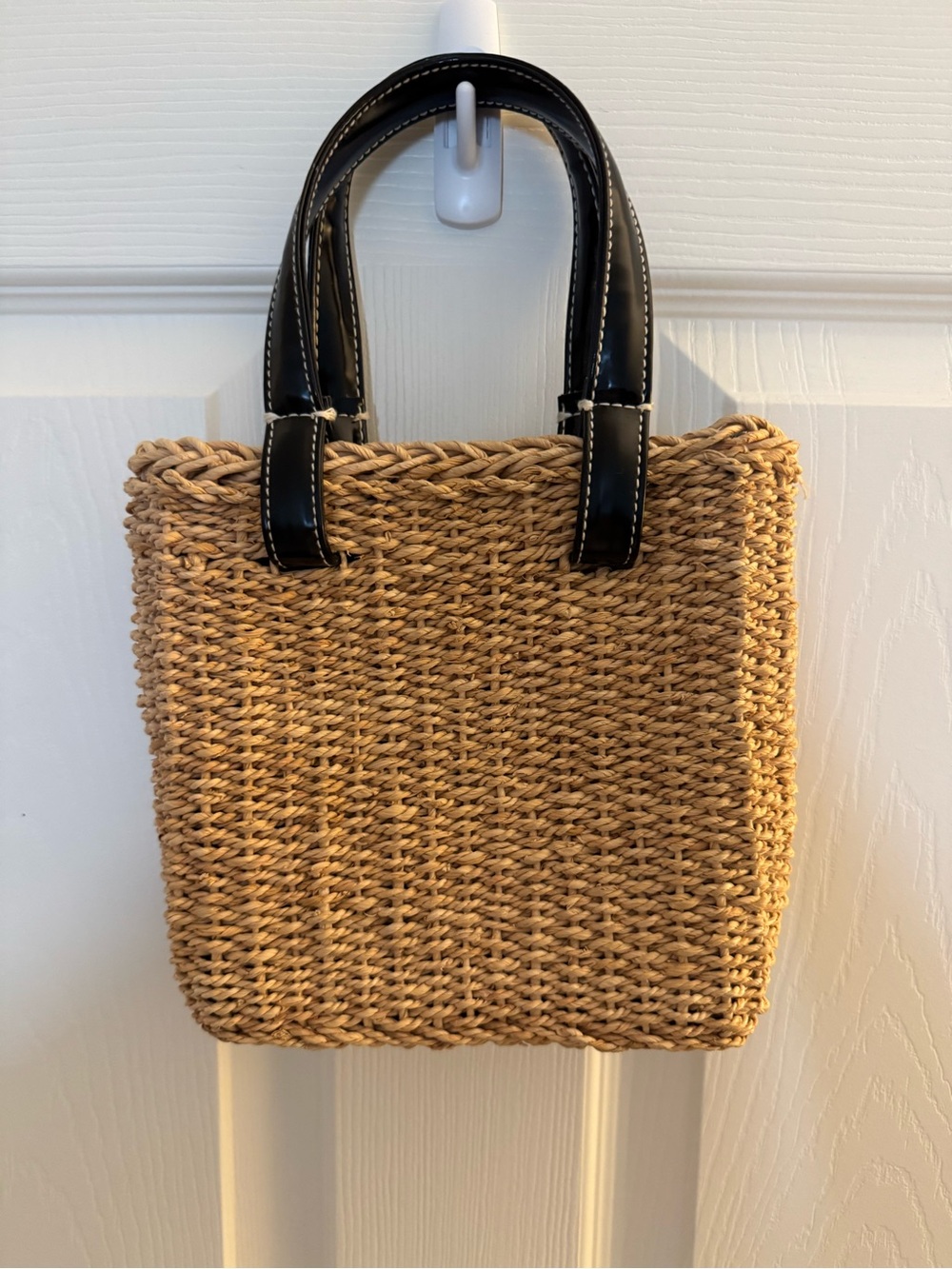 Woven Straw Tote Bag with Black Handles